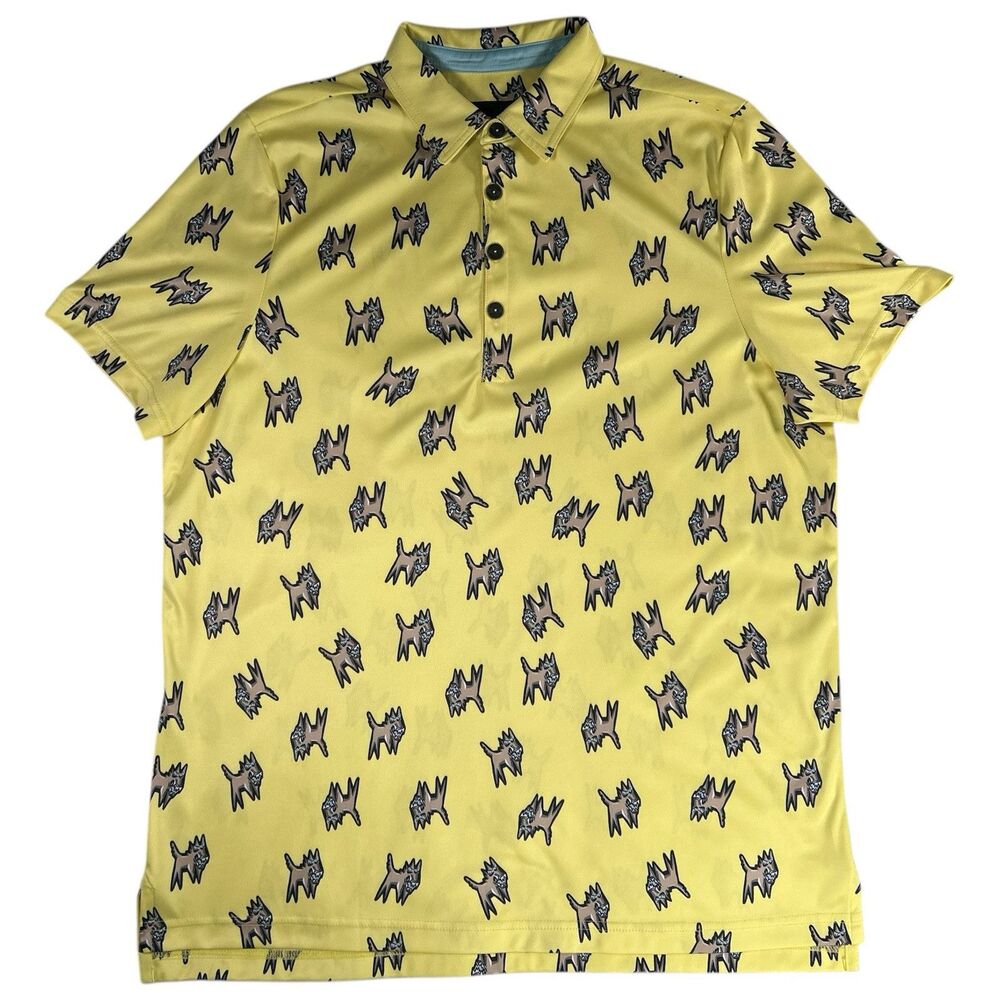 Jamie Sadock Polo Shirt Mens Large Yellow Dog Print Golf Performance Activewear
